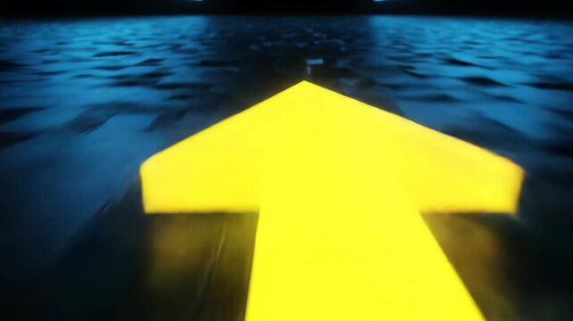 Camera moving forward over a glowing yellow neon arrow pointing direction on a dark cyber tech metallic grid surface