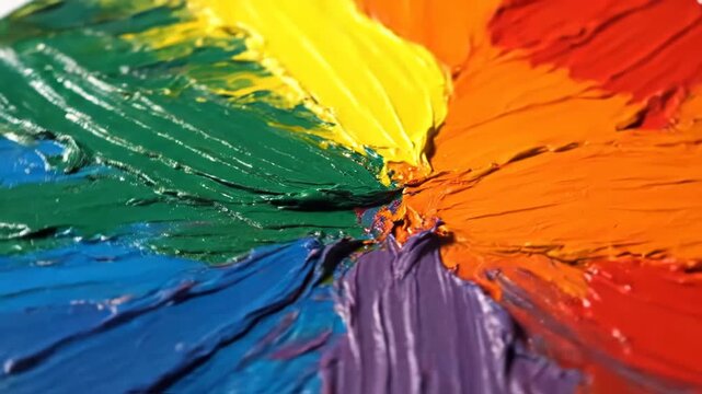 Close-up rotating view of a vibrant color wheel painted with thick texture oil or acrylic strokes