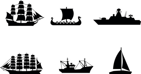 Black silhouettes of historical and modern ships collection sailing vessels isolated on white background © Mst Fensi