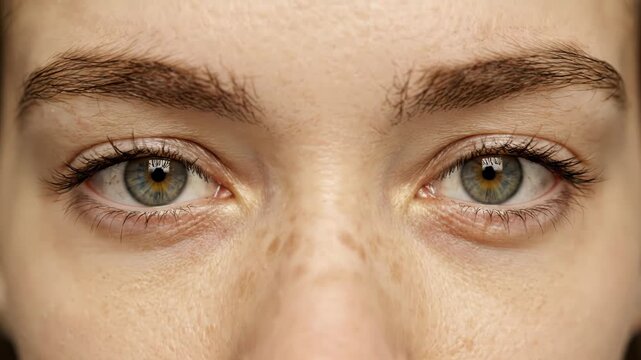 Extreme close-up macro shot of a young woman's green eyes, freckled nose bridge, and natural eyebrows blinking once