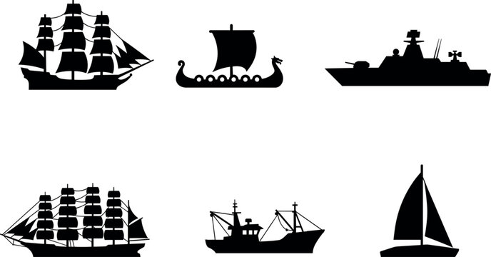 Black silhouettes of historical and modern ships collection sailing vessels isolated on white background