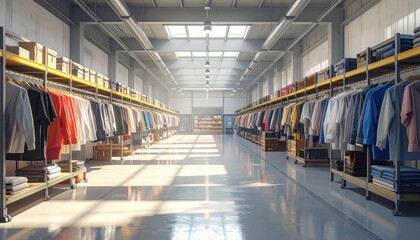 Obraz premium Sunlit warehouse aisle filled with hanging clothing.