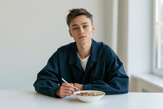 Young person eating cereal at a bright minimalist table for lifestyle portrait background and healthy breakfast concept emphasizing morning routine and simple living
