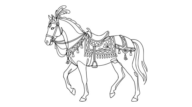 Elegant Horse Outline Drawing with Decorative Saddle and Plumes