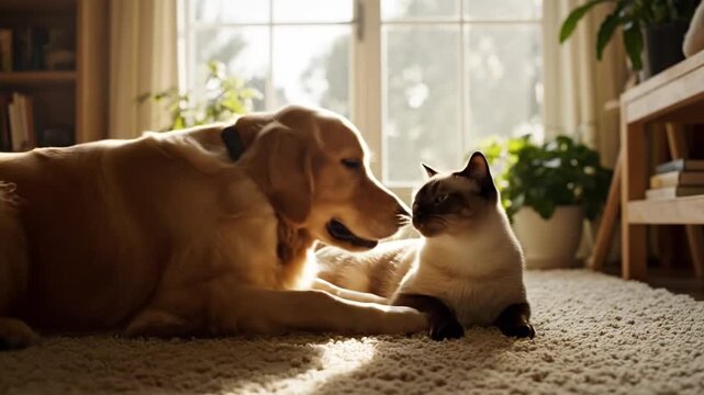 Golden retriever and siamese cat together in sunny room.
