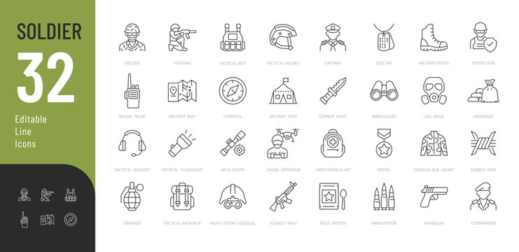 Soldier Line Editable Icons set. Vector illustration in a modern thin line style of army related icons: military equipment, weapons, military personnel, and more. Isolated on transparent background.