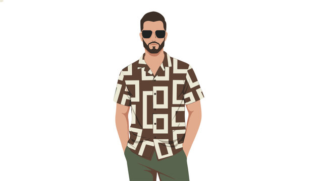 Handsome man wearing dark sunglasses and a brown geometric pattern shirt standing confidently while looking stylish in this modern portrait.