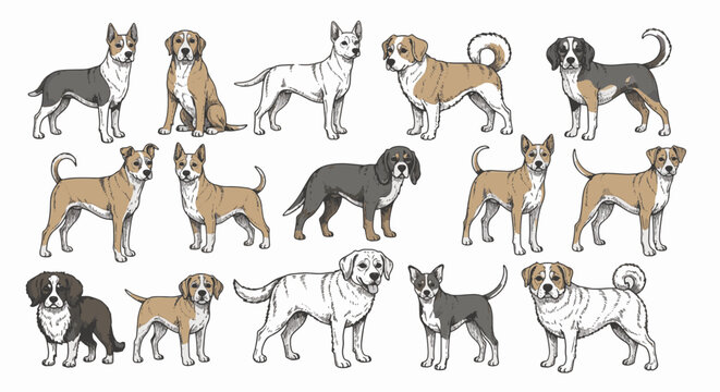 Assortment of hand-drawn dog breeds including beagles, labradors, and basenjis in a sketchy illustration style, isolated on a white background for animal-themed design assets.