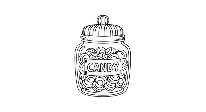 Hand drawn black and white candy jar illustration on white background.