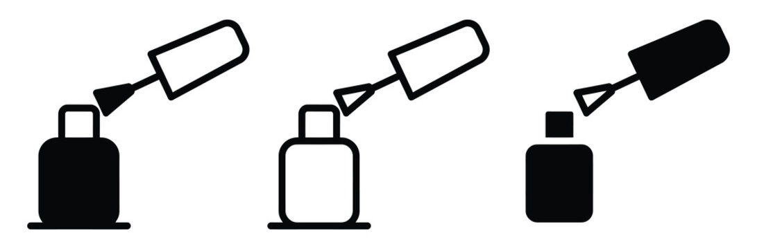 Nail polish bottle vector icon set. Cosmetics polish brush symbol for manicure, pedicure salon service, beauty fashion product, makeup container, and nail care design illustration.