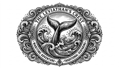 Vintage hand drawn sketch whale tail fluke in ocean waves maritime crest vector illustration round badge emblem label © MstBabliAkter