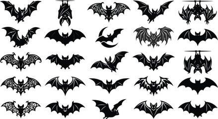 Fototapeta premium Bat Silhouette Icon Set, Halloween Flying Animal Vector Symbols Collection