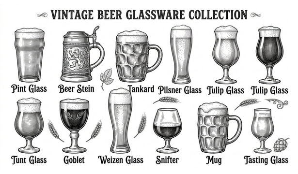 Vintage hand drawn sketch beer glassware collection pint stein mug tankard pilsner goblet weizen glass vector illustration set