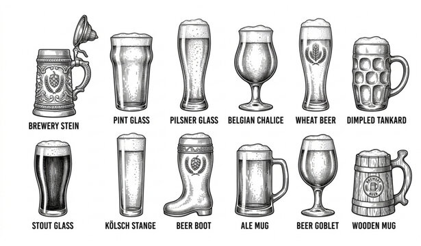 Vintage hand drawn sketch beer glassware collection stein mug pint boot pilsner chalice glass vector illustration isolated set