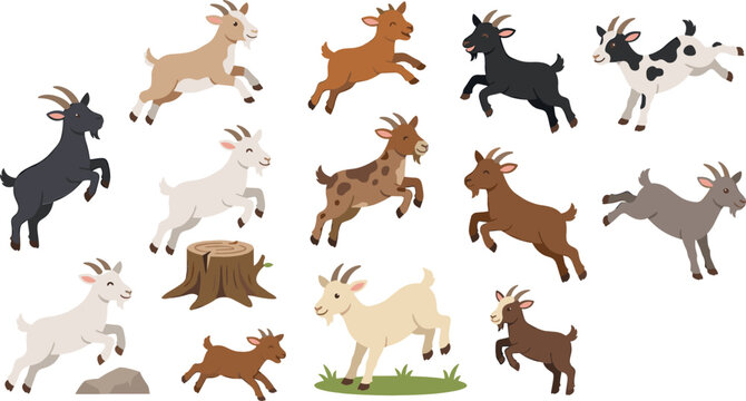 Cute Jumping Goat Vector Character Set Featuring Playful Farm Animals, Active Kids, Diverse Breeds, and Countryside Livestock Illustrations for Agricultural Designs