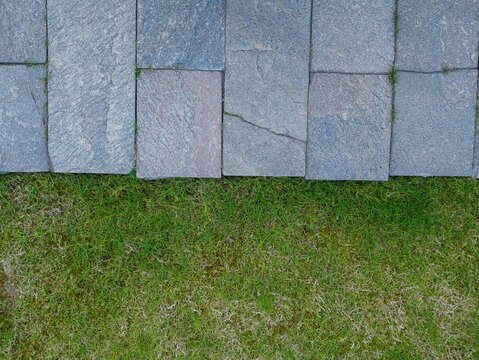 Stone stepping stones path on green grass lawn in garden background