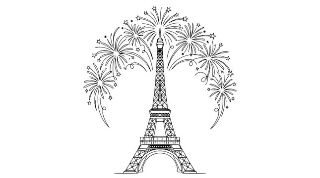 Eiffel Tower with Fireworks Sparkle Celebration Paris Landmark Vector Art