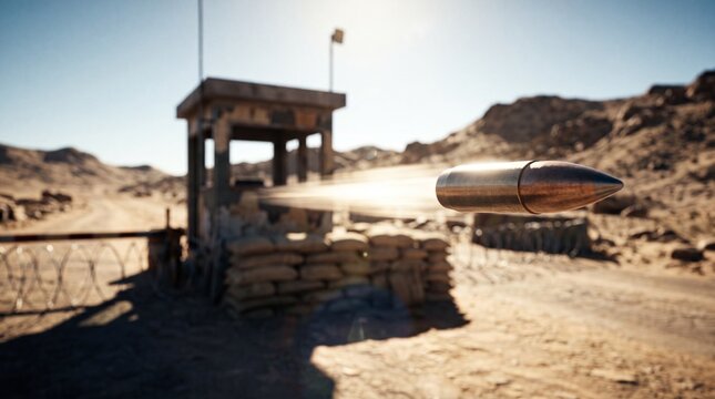 A single bullet in motion with a light trail flying across a desert landscape featuring a military guard tower, sandbags, and barbed wire fencing.