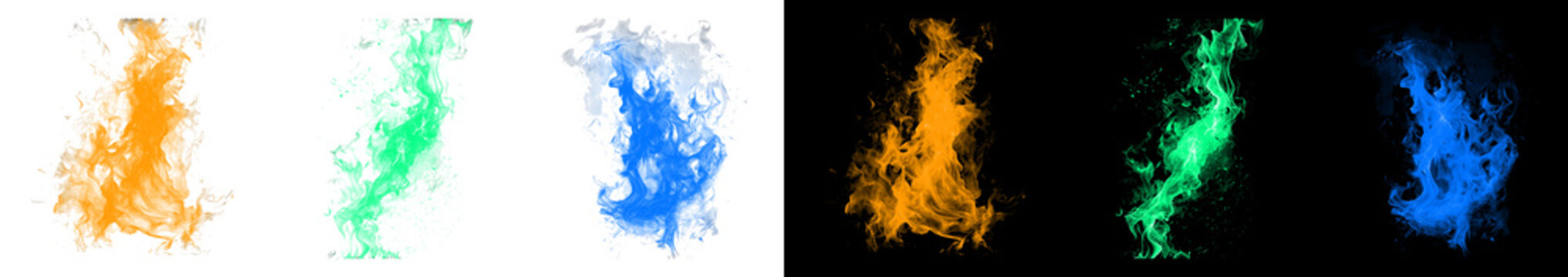 Collection of three hot fire effects, abstract shapes on transparent background, colorful flames isolated alpha channel.