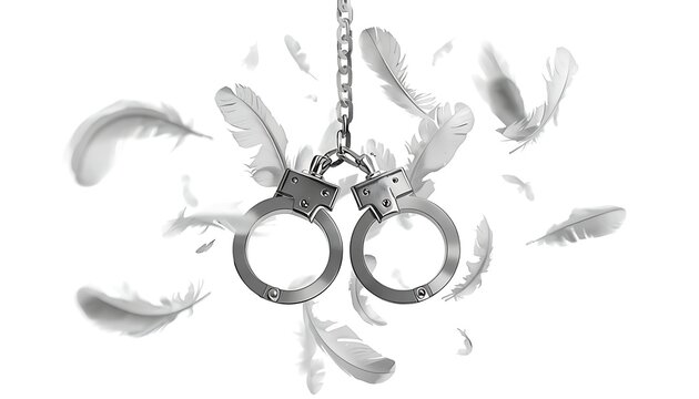 Pair of handcuffs hanging from chain surrounded by floating white feathers with handcuffs feathers liberation enforcement detention imprisonment background conceptual symbolism