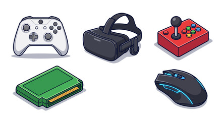 Set of vector illustrations of video game equipment including controller VR headset joystick cartridge and mouse. © Yanda
