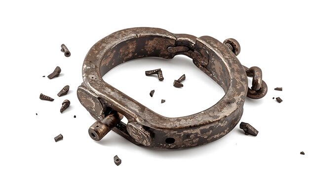 Old rusty metal shackle open and broken isolated on white background with restraint security shattered material industrial isolated background unlocked metalwork corrosion fracture