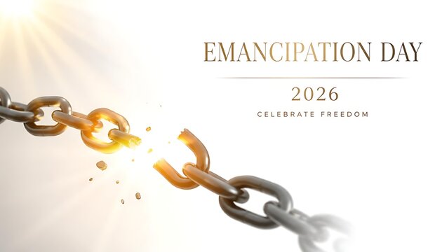 Broken metal chain links representing emancipation day 2026 concept against bright light with emancipation liberation conceptual independence celebration anniversary connection strength