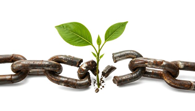 Broken rusty iron chain with small green plant growing from the gap on white background liberation conceptual shackles independence resilience environment development separation