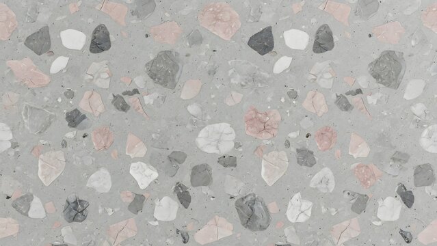 Terrazzo pattern exhibits a speckled surface composed of various irregular, angular fragments of stone and marble embedded in a light gray base.