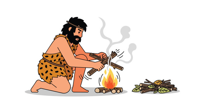 Primitive Caveman Making Fire Using Friction With Wooden Sticks In Leopard Skin Clothing, Prehistoric Man Illustration