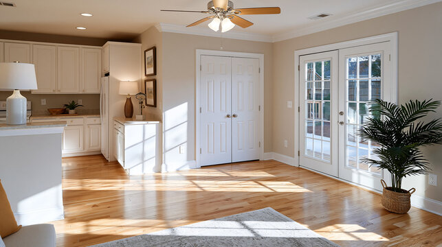 Empty starter home interior staged for an open house showing, late afternoon September sun casting long geometric shadows across untouched hardwood floors and minimal furniture arrangements, the sil