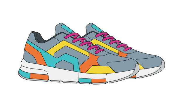 Pair of modern sporty sneakers featuring a stylish and colorful design with grey, orange, yellow, and teal accents for athletic activities.