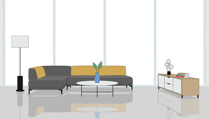 Fototapeta premium Modern living room interior featuring gray sectional sofa and round coffee table in spacious minimalist apartment with large windows background.
