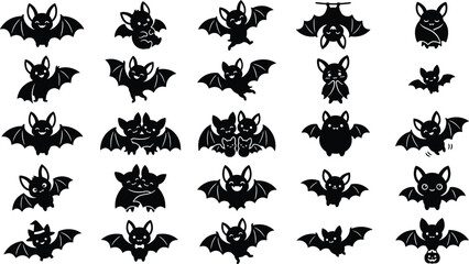 Fototapeta premium Cute Bat Silhouette Icon Set, Halloween Happy Animal Vector Symbols Collection