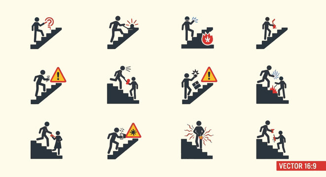 Collection of workplace safety stick figure icons illustrating hazard scenarios on stairs including fire, falling objects, electrical shock, trip hazards, and warning signs in vector style.