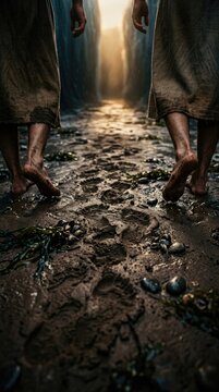 Ancient covenant passage: Moses guide, Red Sea, Egyptian danger, escape journey, religion story, Bible history, theology principle, symbolism meaning, atmosphere sacred.