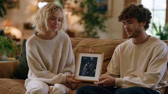 Two adult siblings sitting on opposite ends of their late parent's emptied estate sale couch before it is carried away, holding a single framed family portrait between them, grief and relief intertw