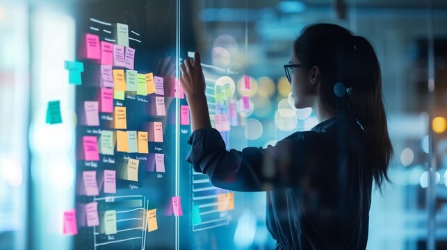 Woman plans on a glass board with sticky note in office, showing agile business strategy, adaptability, and corporate teamwork.
