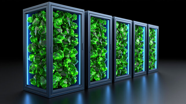 Energy efficient server rack concept with glowing green data center cooling on dark background