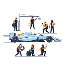 Obraz premium Formula 1 Pit Stop Crew Changing Tire of Racing Car Vector Illustration