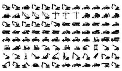 Professional Construction Equipment Mega Icon Set with Crawler Machines Black Vector Illustration © Md