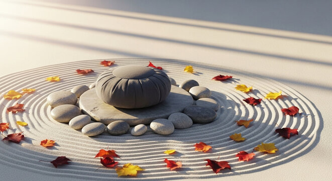 Serene zen garden with autumn leaves and meditation cushion