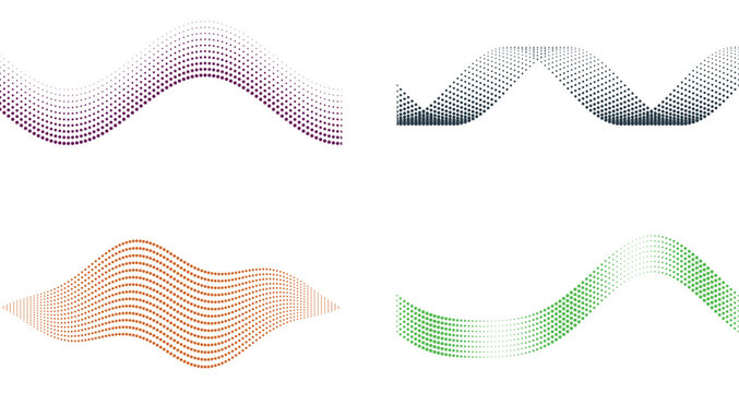 Abstract wavy dotted line halftone pattern design element set isolated on white.