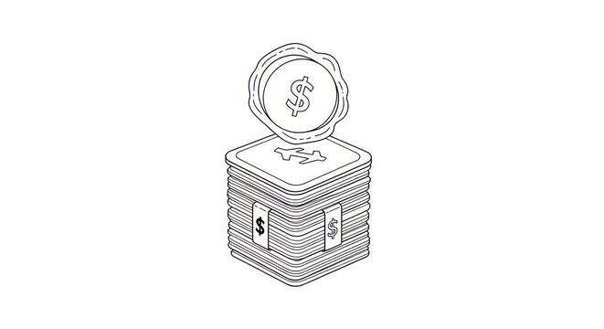 Hand drawn sketch of a stack of dollar bills with a coin on top.