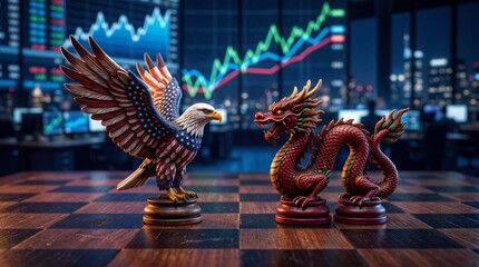 Fototapeta premium American eagle and Chinese dragon chess pieces on a wooden board with financial stock market charts in the background symbolizing geopolitical competition
