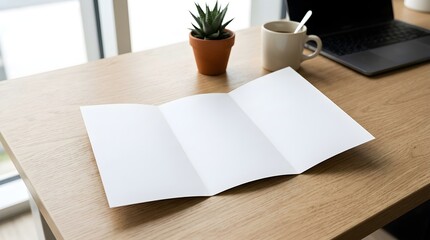 Fototapeta premium Blank tri-fold brochure mockup on a wooden office desk with a laptop, ceramic coffee mug, and small green succulent