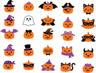 Fototapeta premium Cute Pumpkin Character Icon Set, Happy Halloween Autumn Festive Vector Symbols