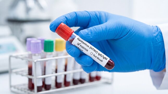 A gloved hand holding a blood sample test tube with a positive result label for hantavirus IgG and IgM antibody testing in a medical laboratory setting