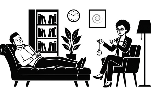 Hypnosis Therapy Session with Psychologist and Patient Black Vector Illustration