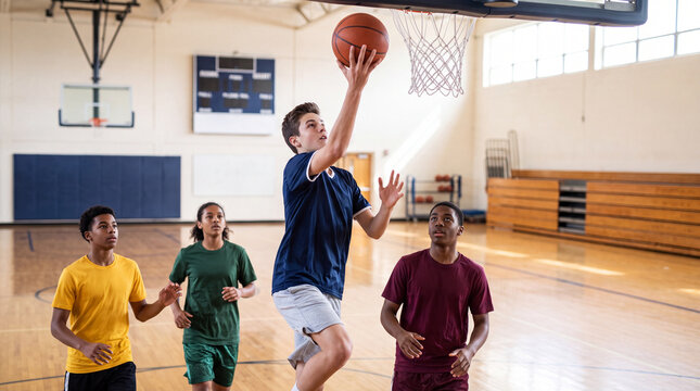 Four students play basketball in a bright school gym, one boy in a navy shirt jumping for a layup near the hoop as classmates watch below
